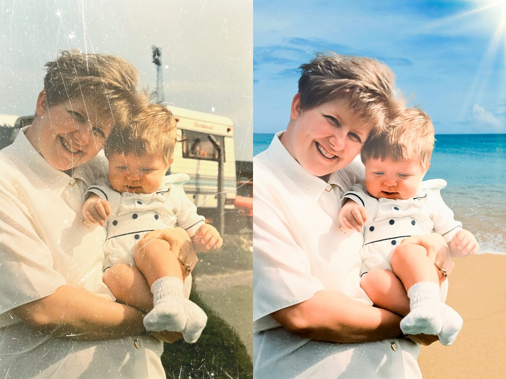 Repairing and Enhancing Old Photographs with new Backgrounds